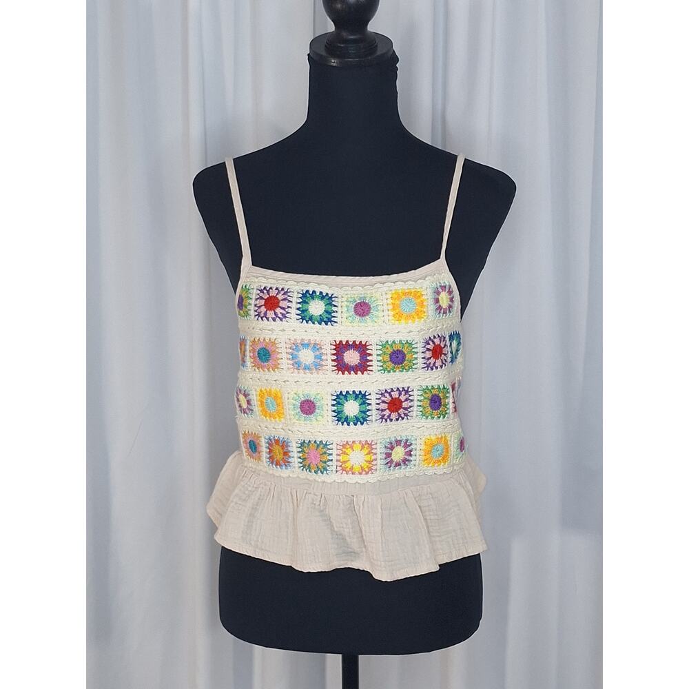 Floral Crochet Crop Top S/M Cotton Ruffle Cami Adjustable Straps Boho Festival